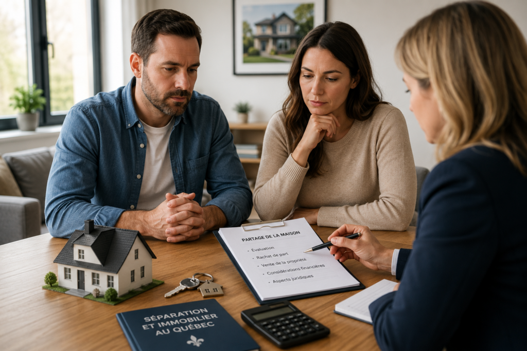 Couple en processus de séparation discutant du partage équitable de leur maison au Québec avec un professionnel de l'immobilier.