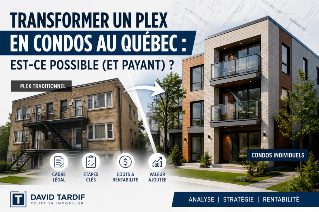 Comparaison entre un plex traditionnel et un immeuble transformé en condos individuels au Québec.