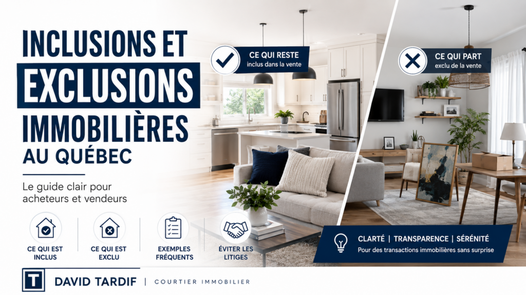 Guide visuel sur les inclusions et exclusions lors d’une transaction immobilière au Québec, avec exemples de biens qui restent ou qui partent.